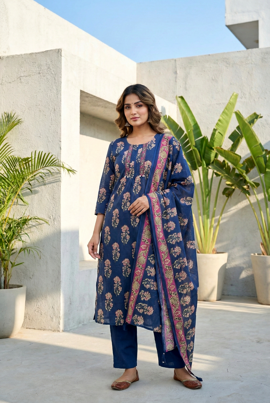 Neerus Blue cotton digital printed suit set - front view