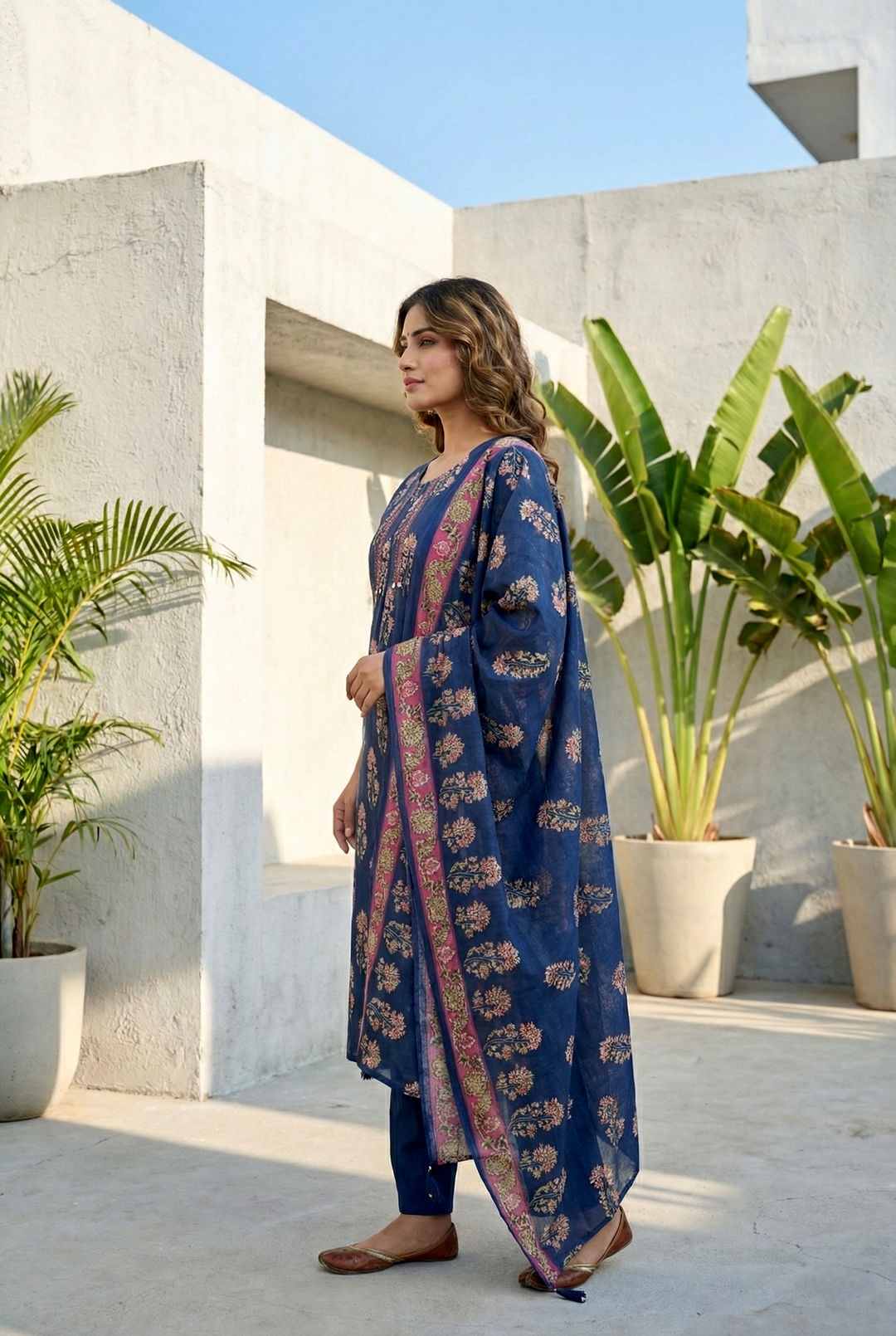 Neerus Blue cotton digital printed suit set - back view