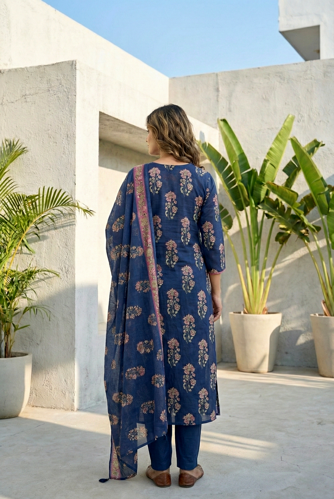 Neerus Blue cotton digital printed suit set - side view