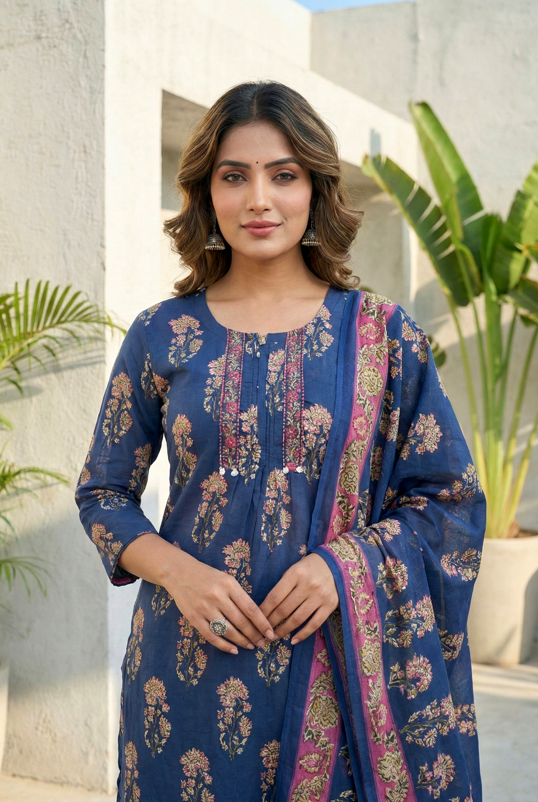 Neerus Blue cotton digital printed suit set - detail view 2