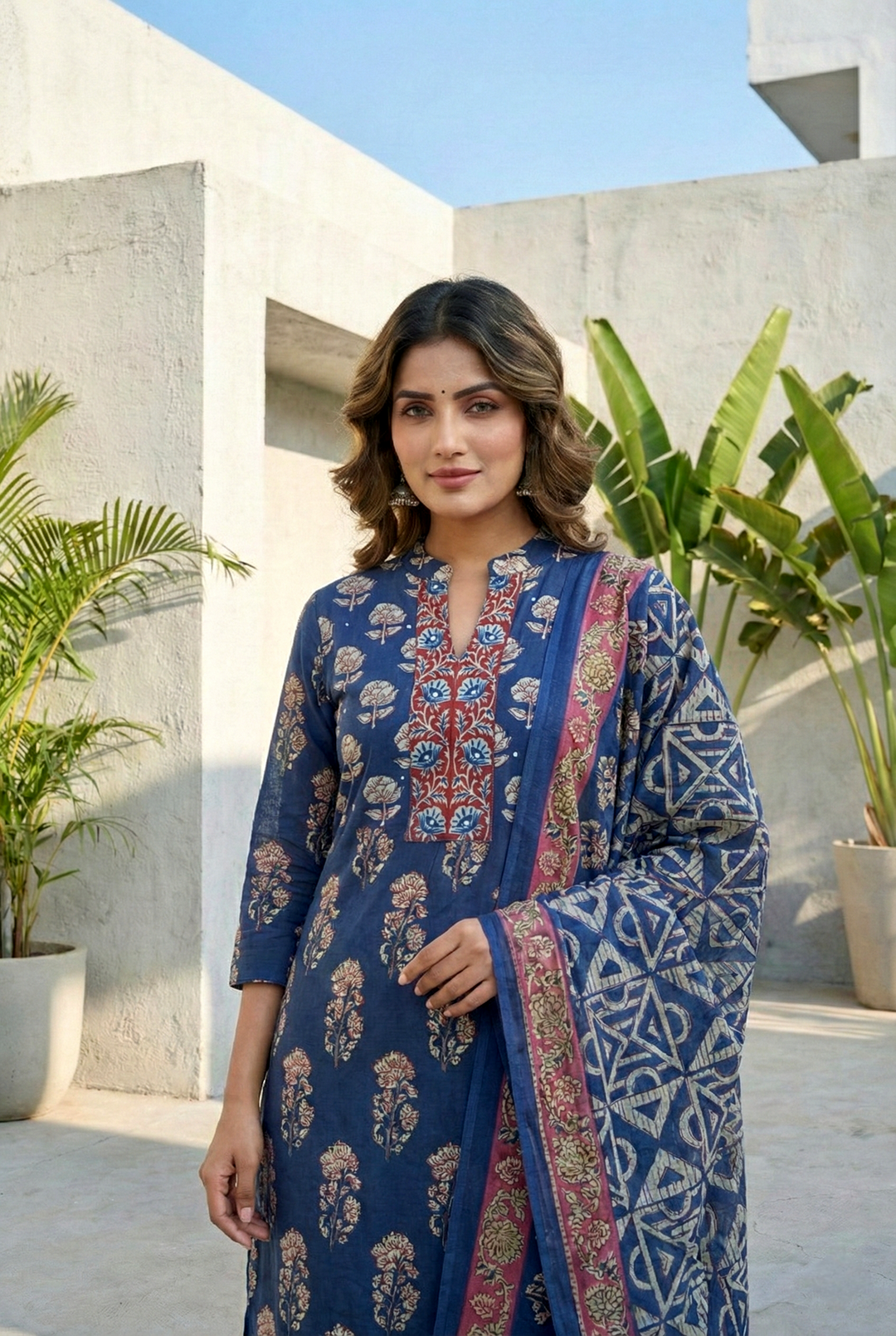 Neerus Blue cotton digital printed suit set - detail view 3