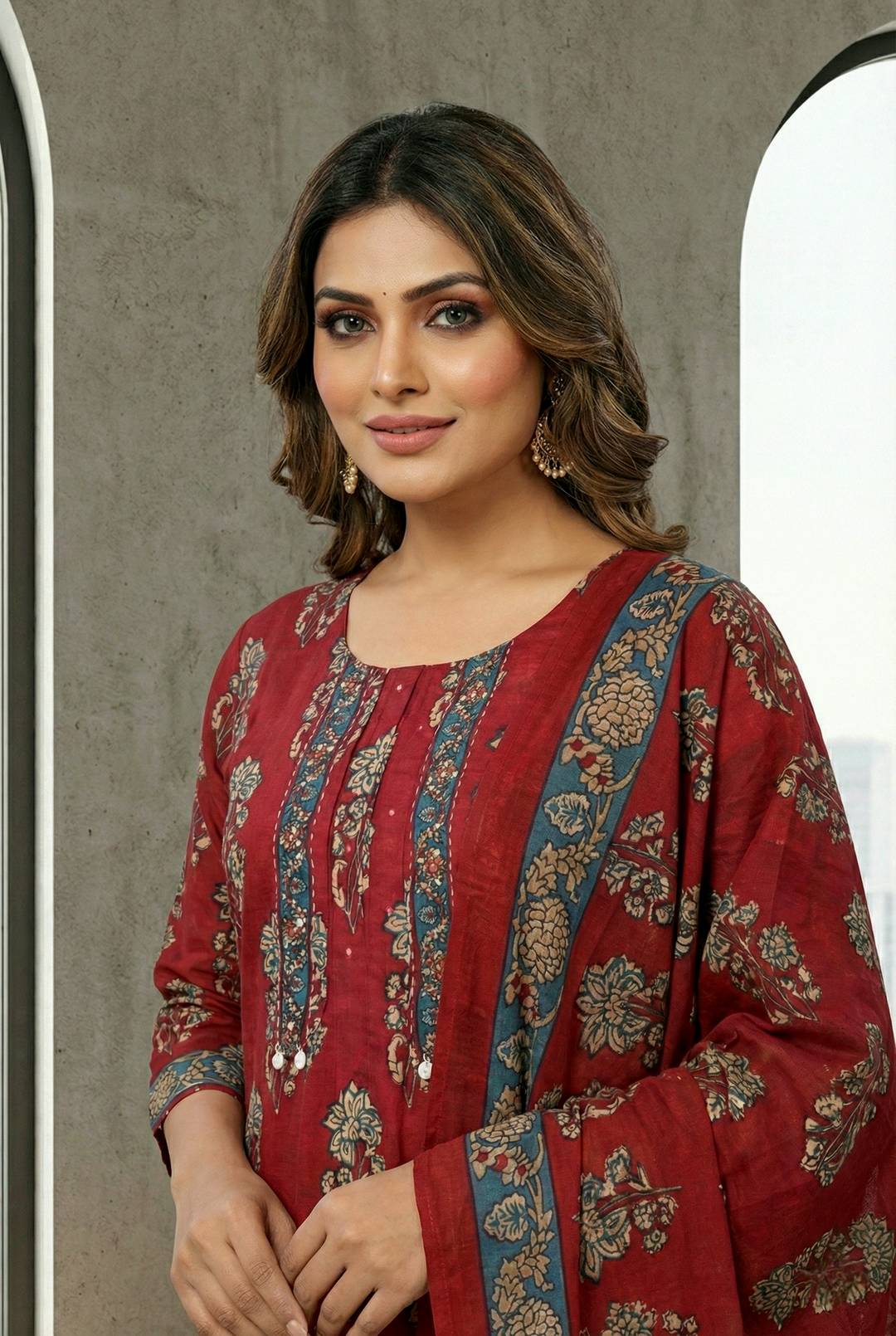 Neerus Maroon cotton digital printed suit set - detail view 2