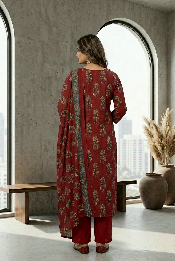 Neerus Maroon cotton digital printed suit set - side view