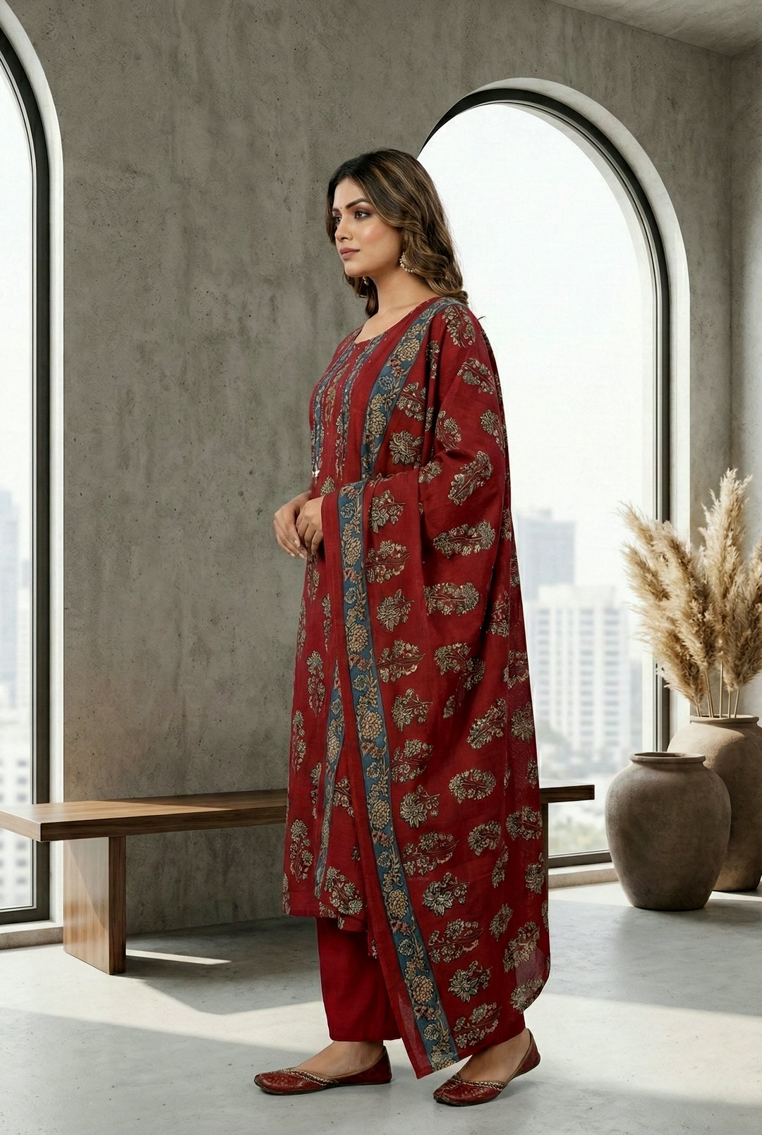 Neerus Maroon cotton digital printed suit set - back view