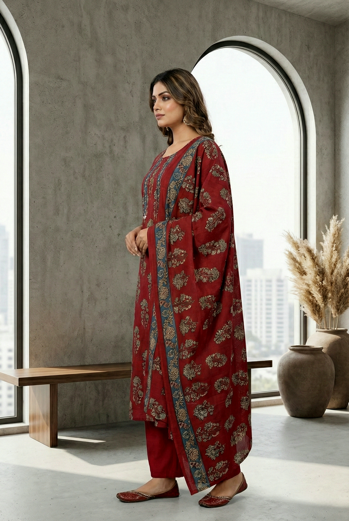 Neerus Maroon cotton digital printed suit set - back view