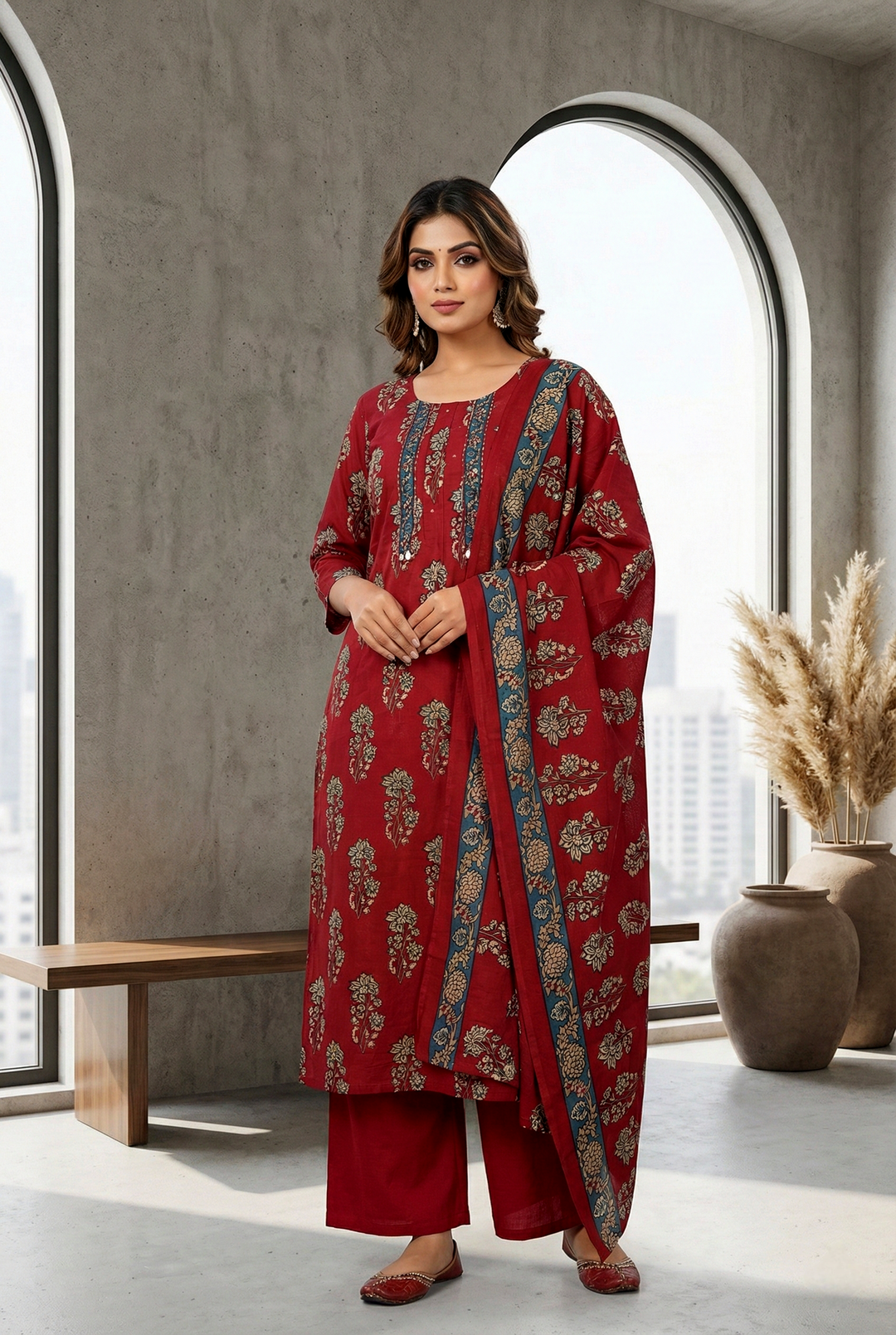 Neerus Maroon cotton digital printed suit set - front view