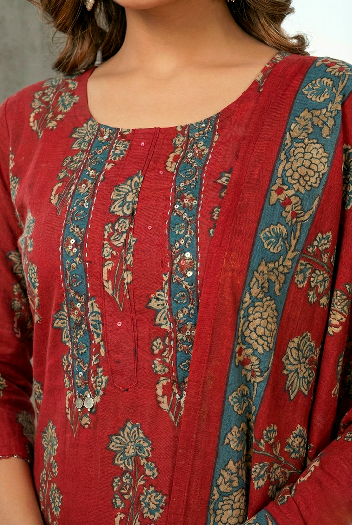 Neerus Maroon cotton digital printed suit set - detail view 1