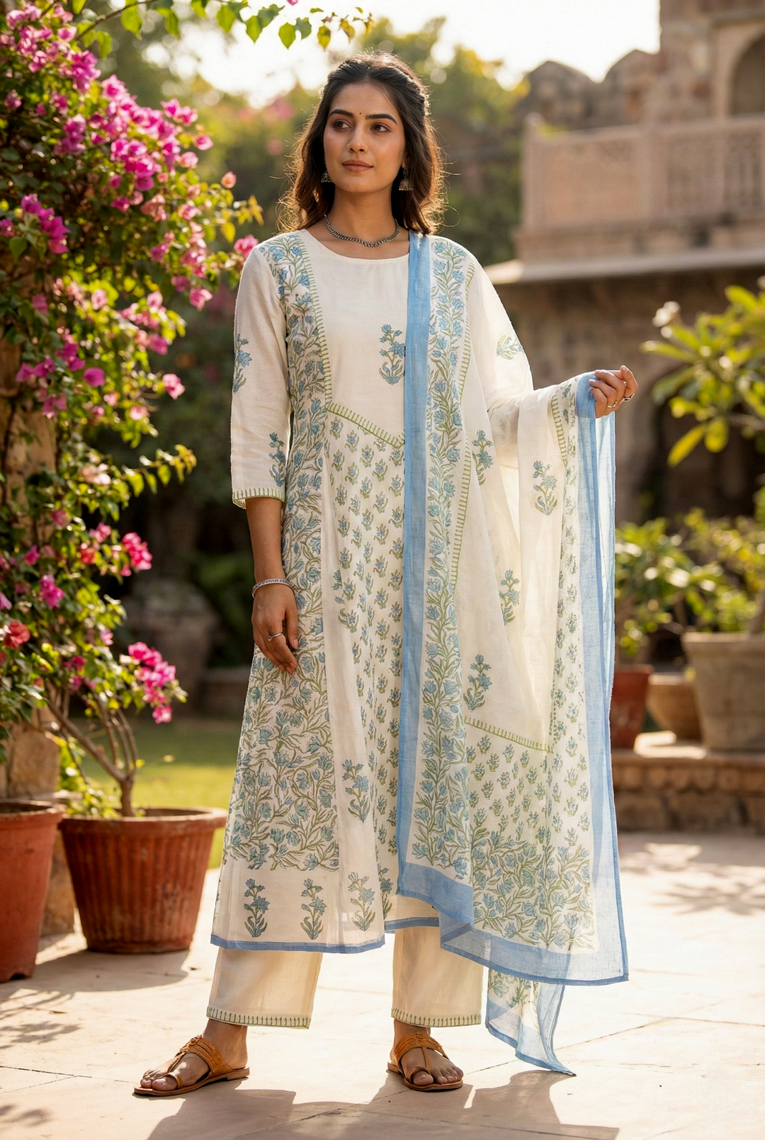 Neerus White Chanderi printed floral suit set - front view