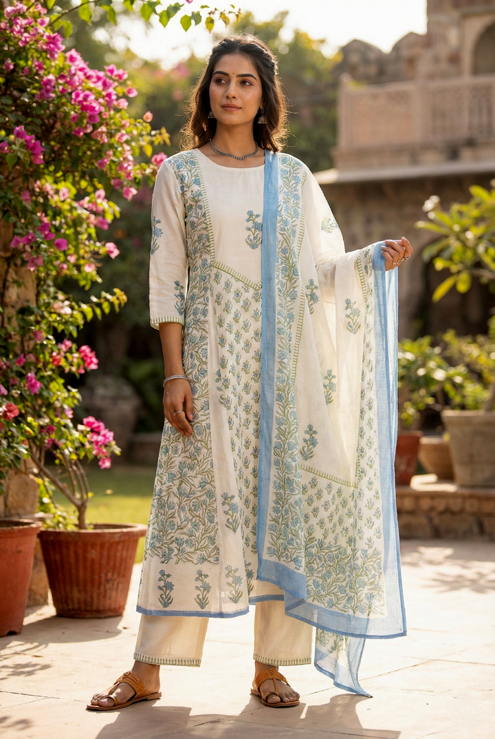 Neerus White Chanderi printed floral suit set - front view