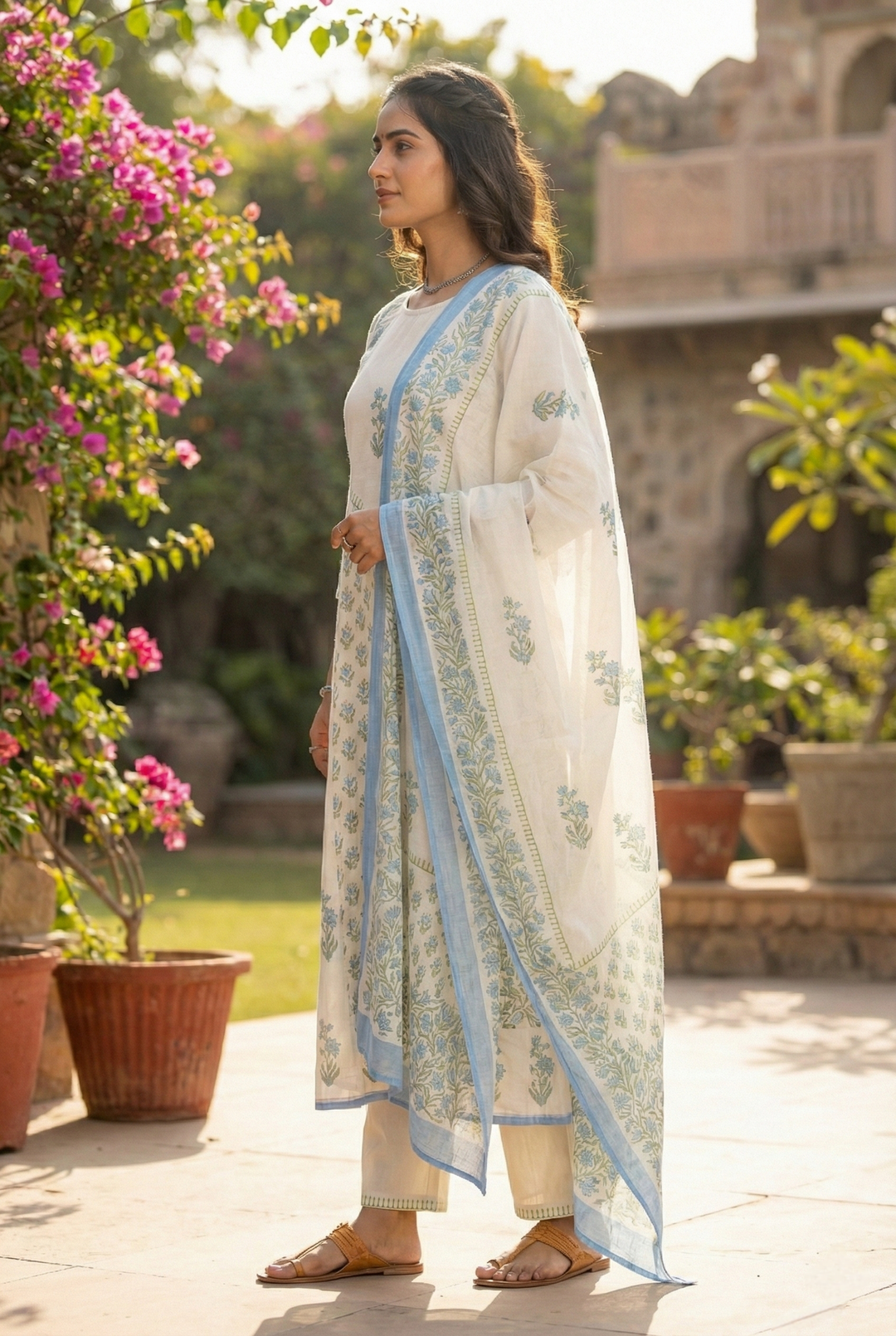 Neerus White Chanderi printed floral suit set - back view