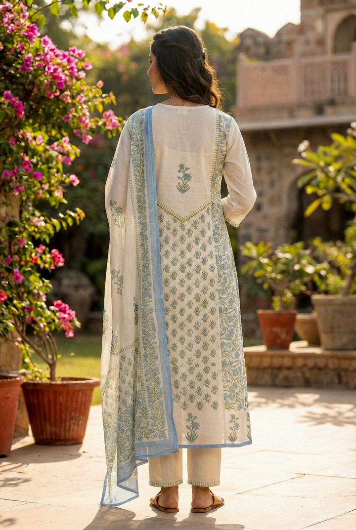 Neerus White Chanderi printed floral suit set - side view