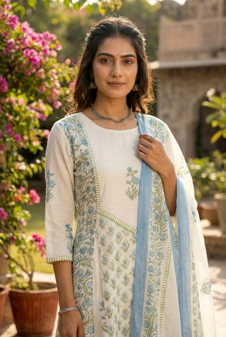 Neerus White Chanderi printed floral suit set - detail view 1