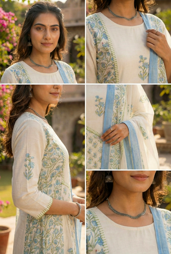 Neerus White Chanderi printed floral suit set - detail view 2