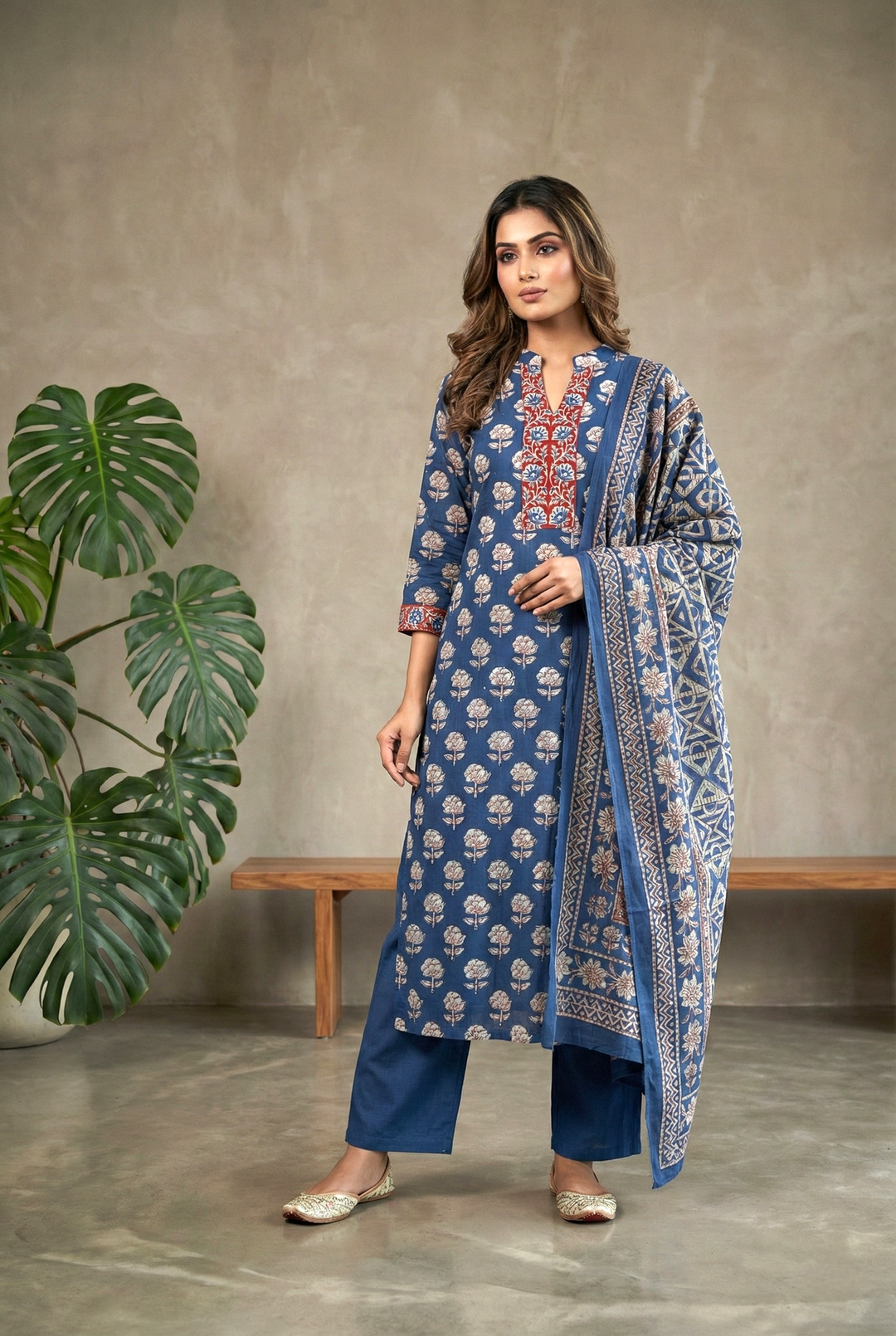 Neerus Blue cotton printed kurta set - front view