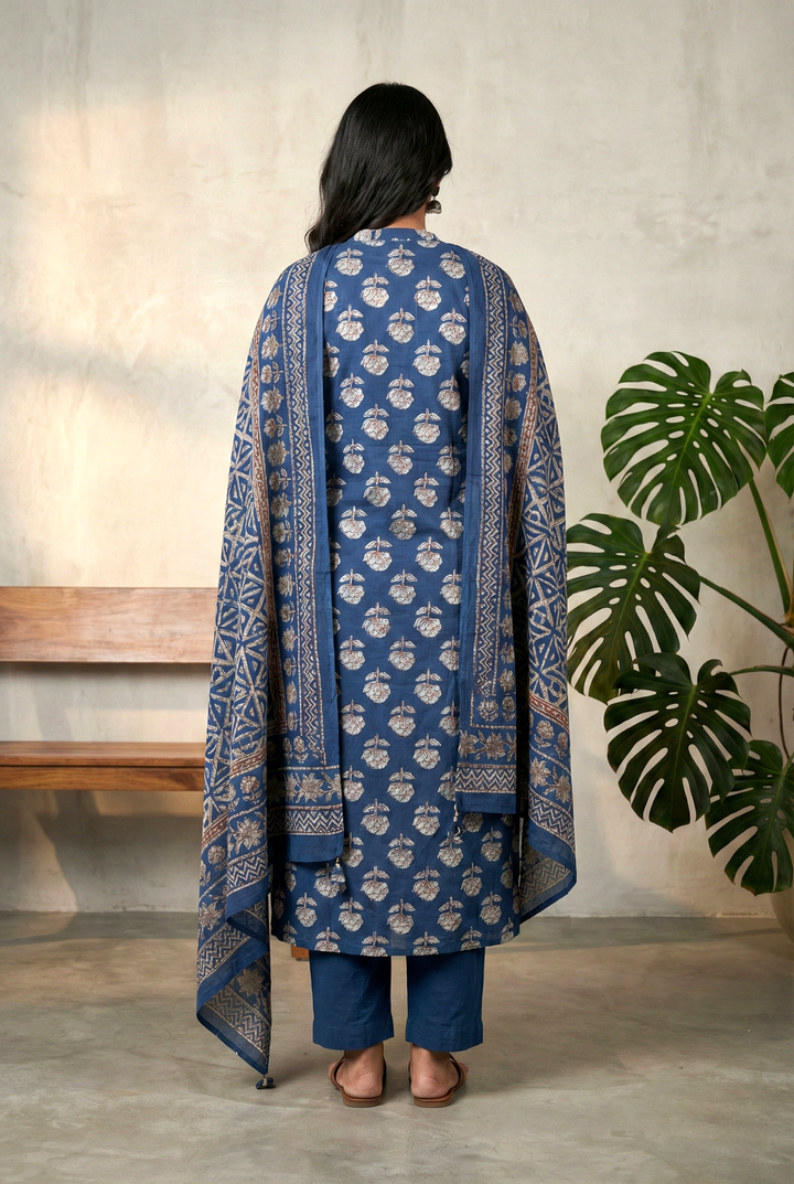 Neerus Blue cotton printed kurta set - back view