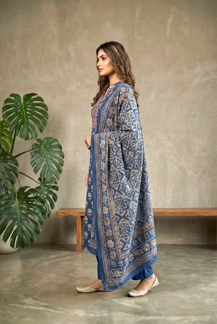 Neerus Blue cotton printed kurta set - side view