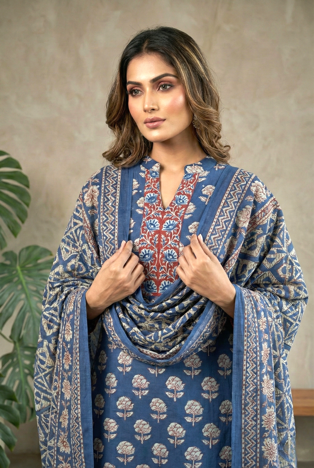 Neerus Blue cotton printed kurta set - detail view 1