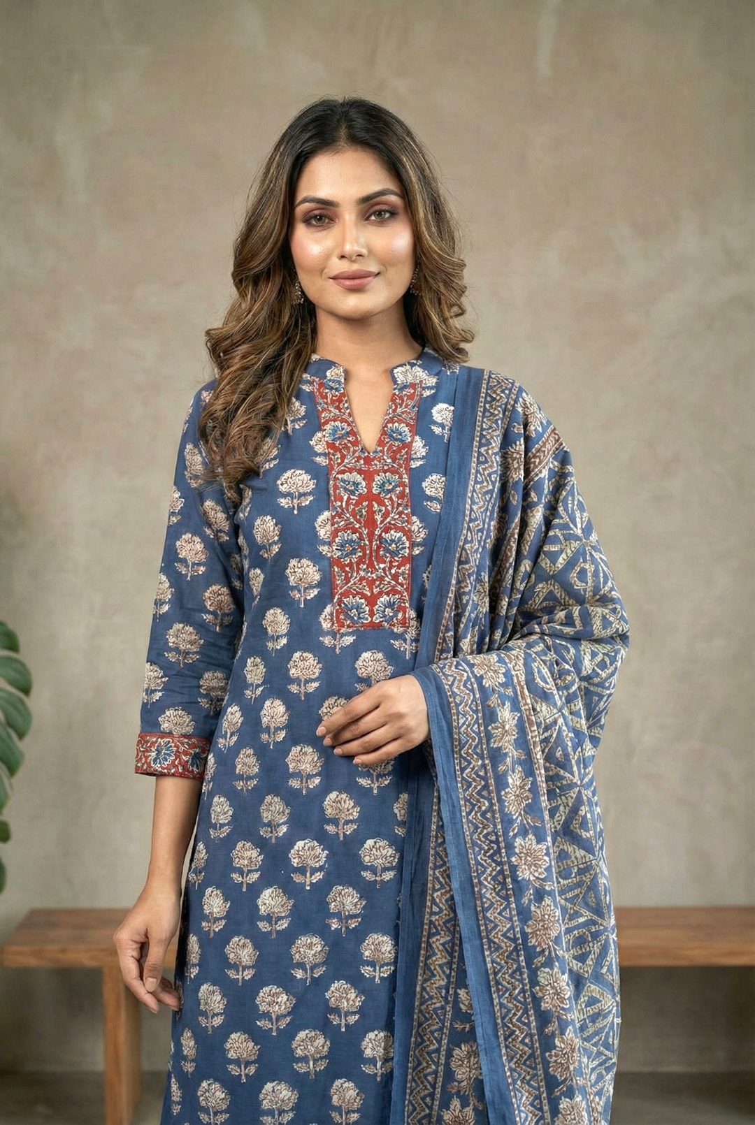 Neerus Blue cotton printed kurta set - detail view 2