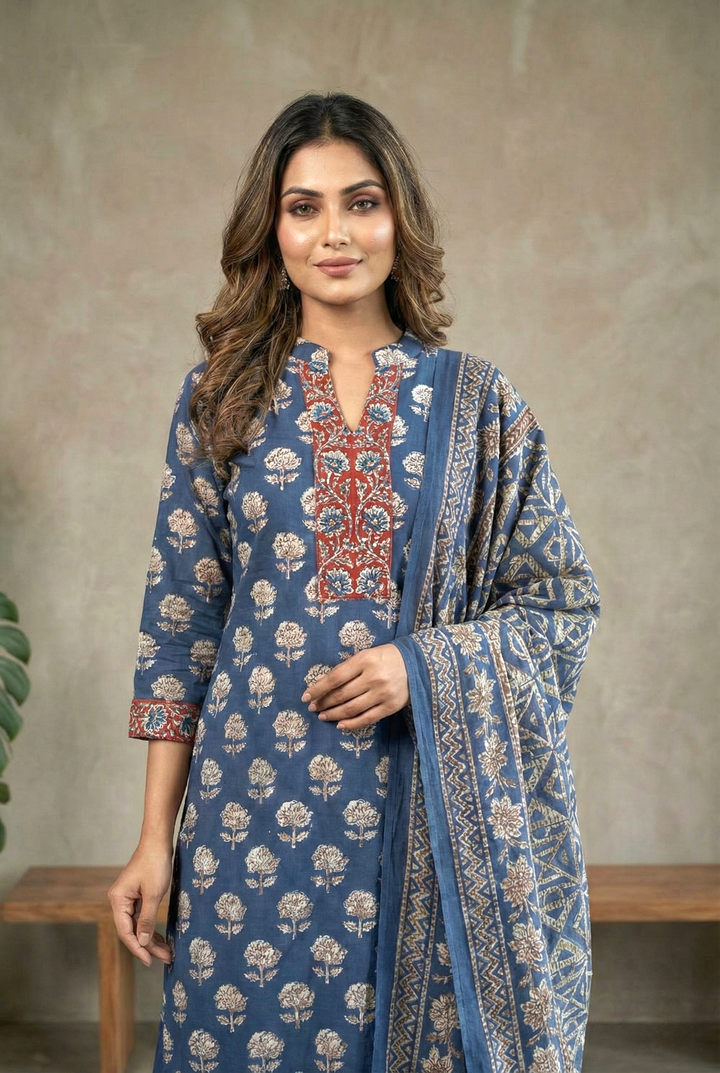 Neerus Blue cotton printed kurta set - detail view 2