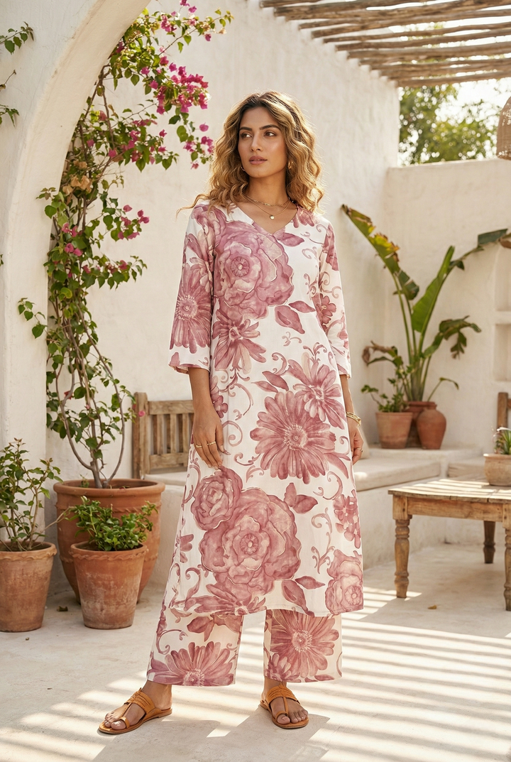 Neerus Pink cotton digital printed kurta set - front view