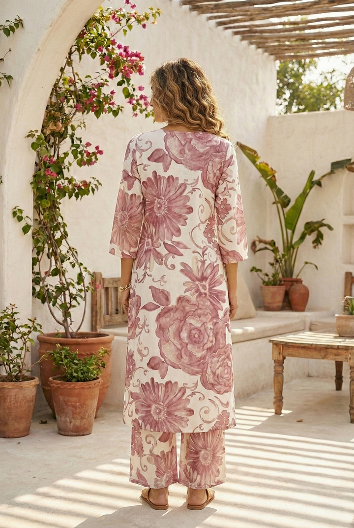 Neerus Pink cotton digital printed kurta set - side view