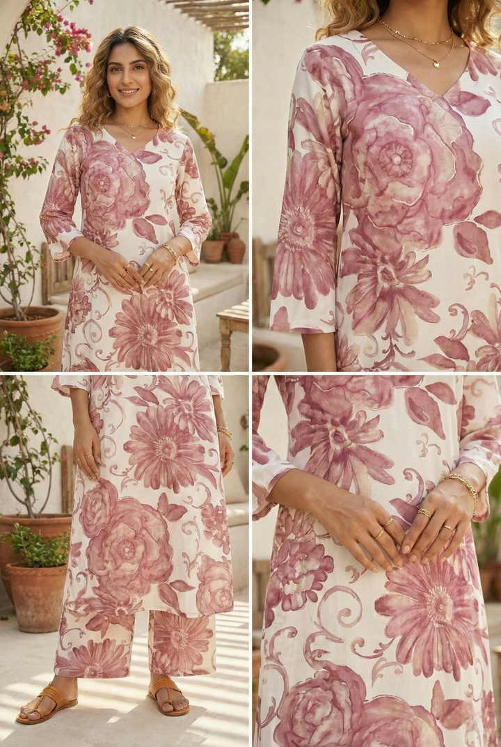 Neerus Pink cotton digital printed kurta set - detail view 2
