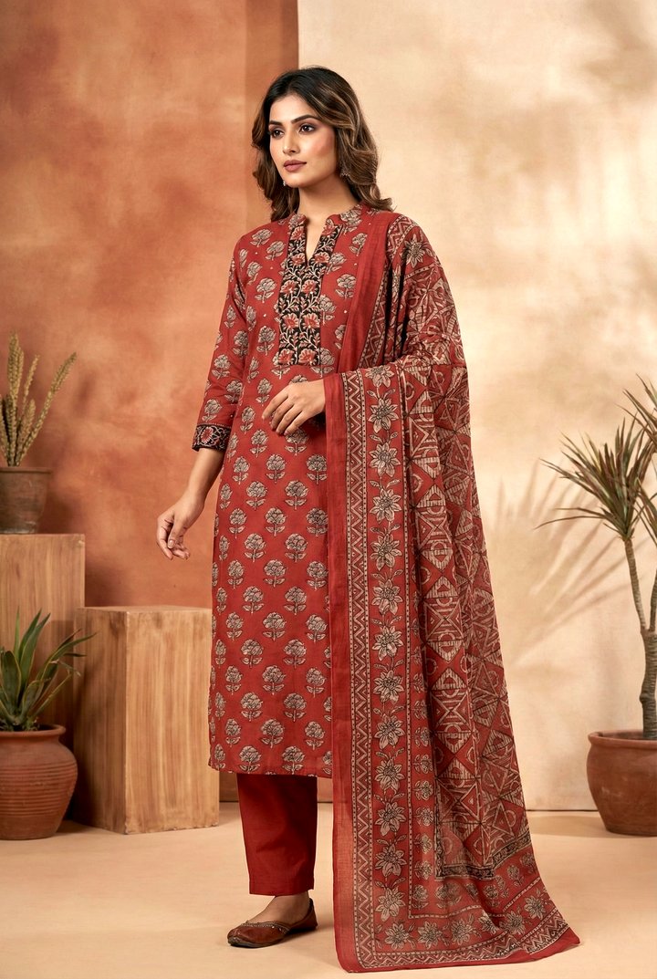 Neerus Maroon cotton printed kurta set - front view