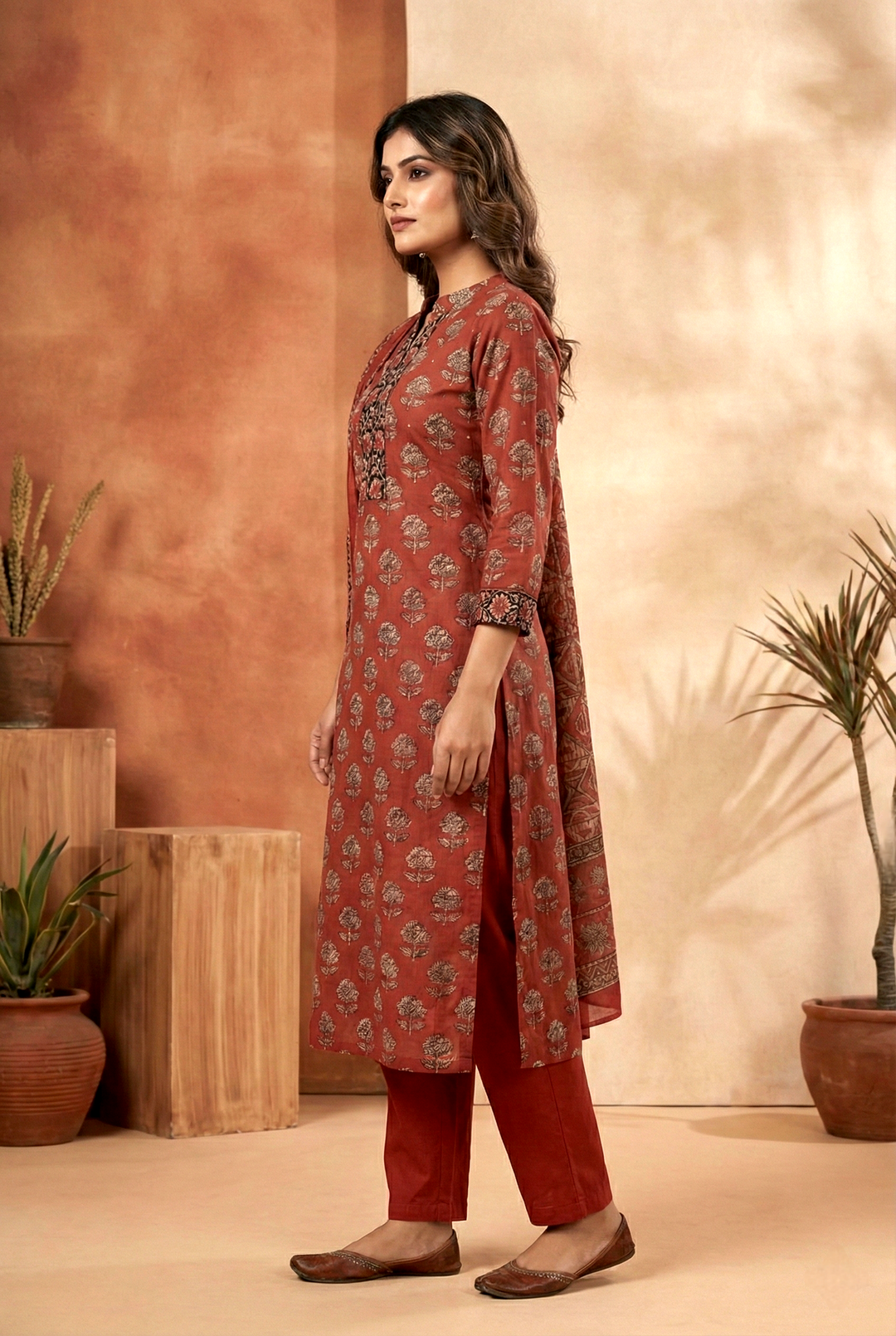 Neerus Maroon cotton printed kurta set - back view