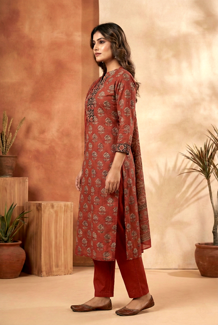 Neerus Maroon cotton printed kurta set - back view