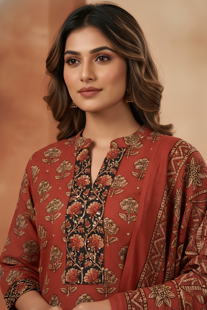 Neerus Maroon cotton printed kurta set - side view