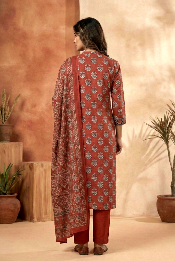 Neerus Maroon cotton printed kurta set - detail view 1