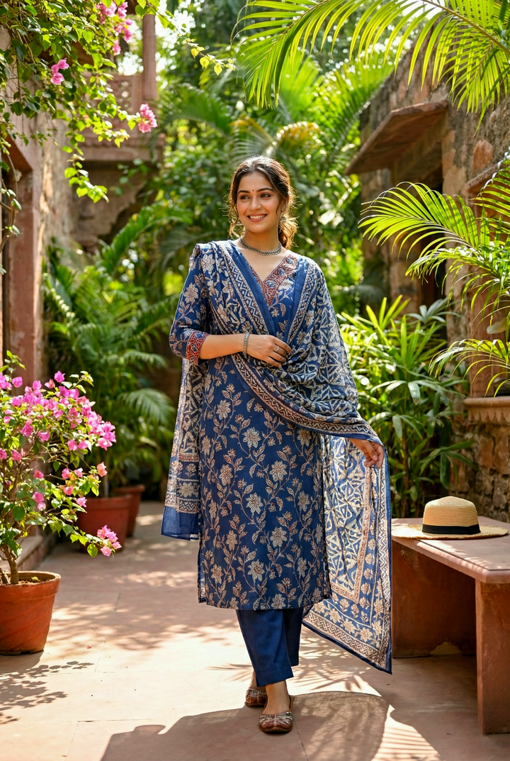 Neerus Blue Cotton Digital Printed Kurta Set - front view