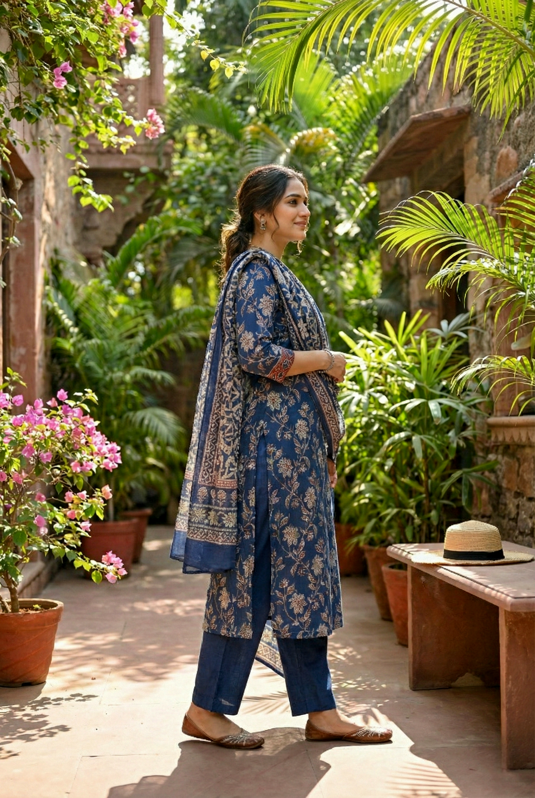 Neerus Blue Cotton Digital Printed Kurta Set - back view