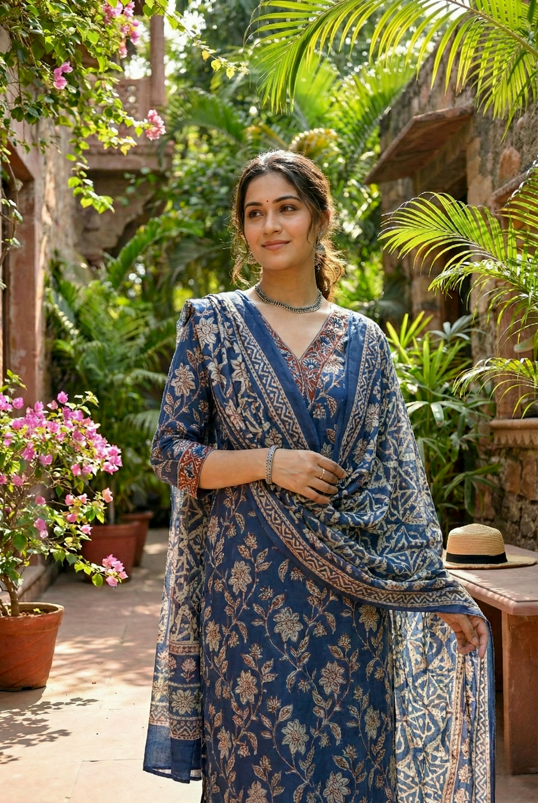 Neerus Blue Cotton Digital Printed Kurta Set - side view