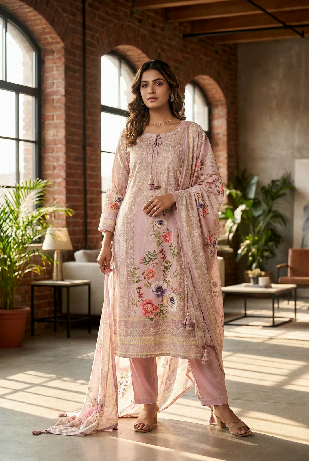 Neerus Pink Muslin Digital Printed Kurta Set - front view