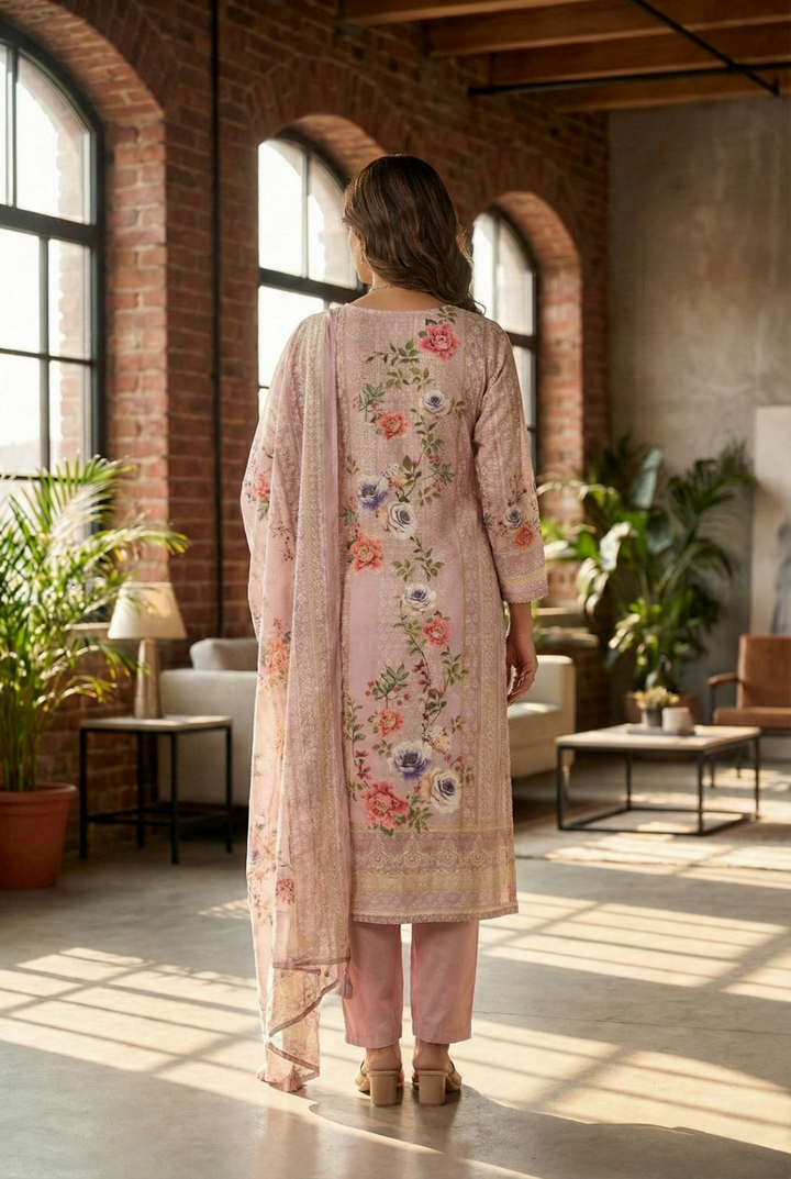 Neerus Pink Muslin Digital Printed Kurta Set - back view