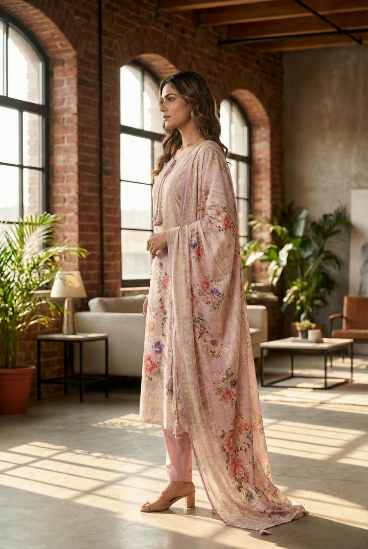 Neerus Pink Muslin Digital Printed Kurta Set - side view