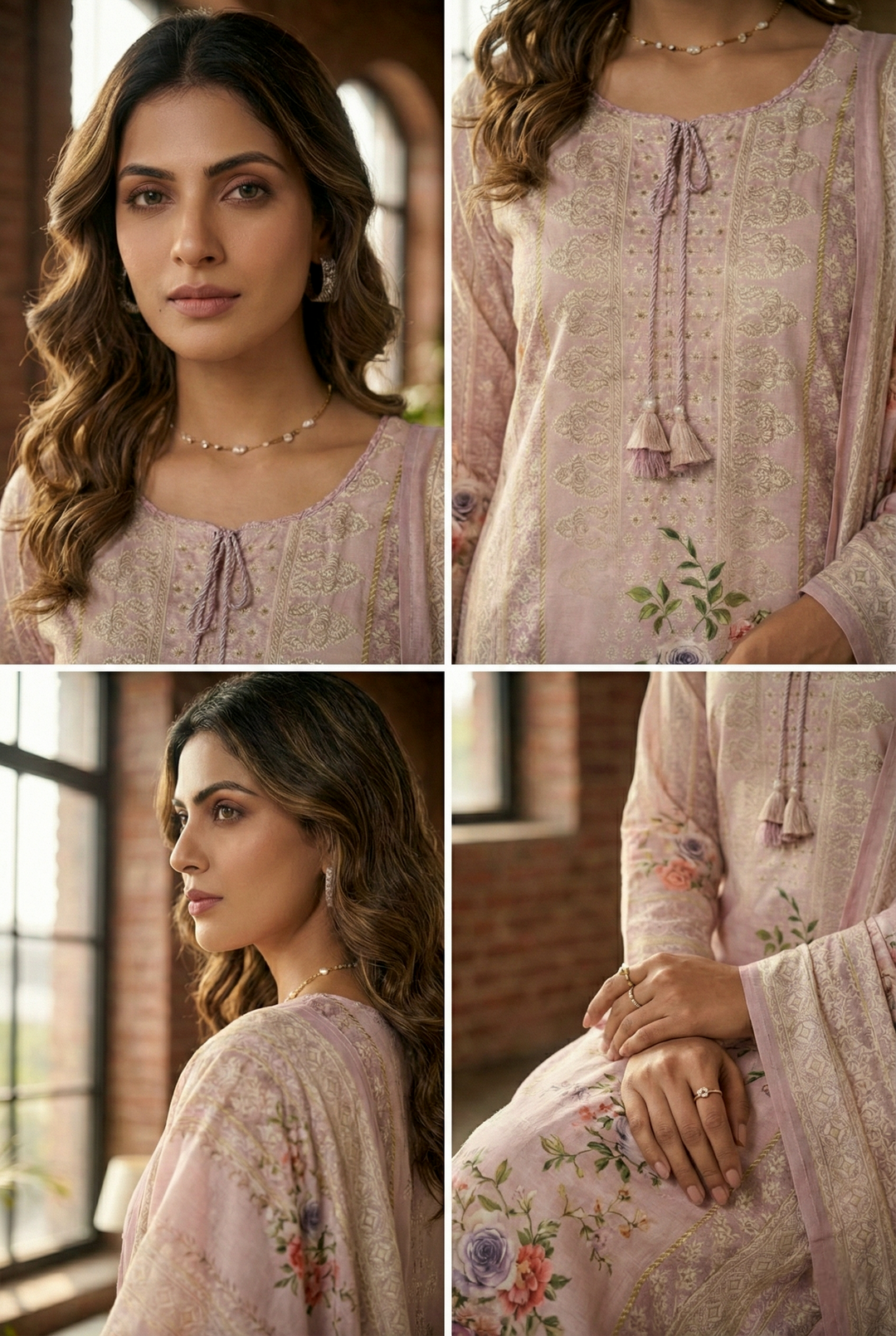 Neerus Pink Muslin Digital Printed Kurta Set - detail view 2