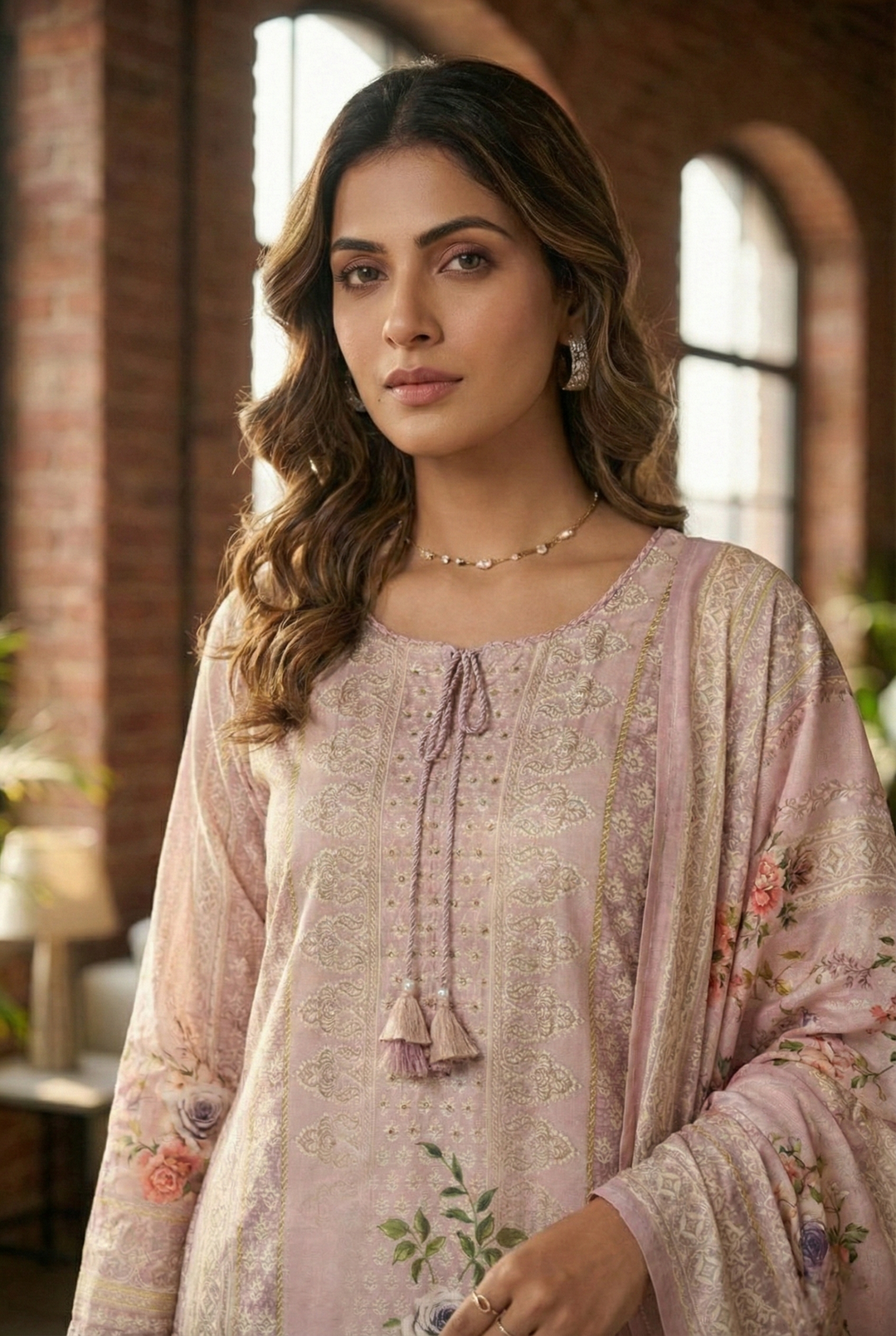 Neerus Pink Muslin Digital Printed Kurta Set - detail view 3