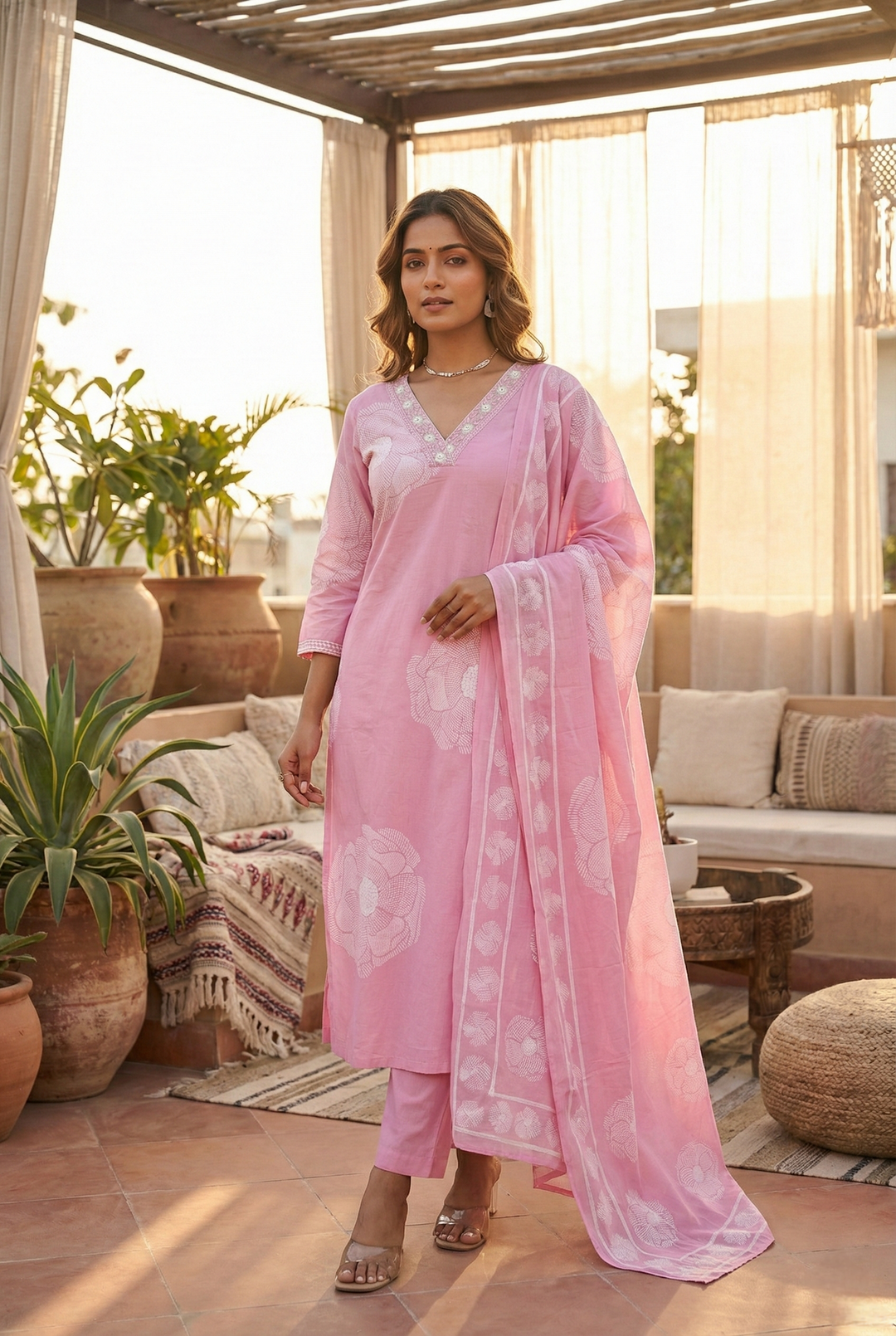 Neerus Pink cotton printed kurta set - front view