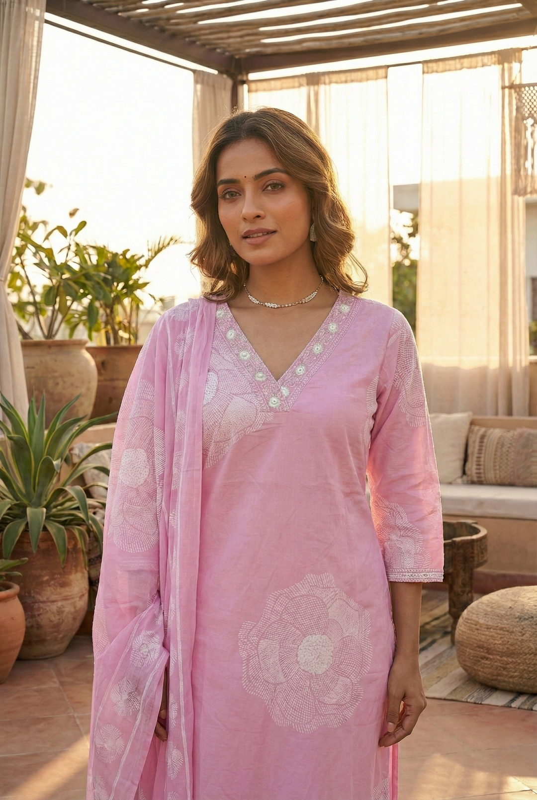 Neerus Pink cotton printed kurta set - back view