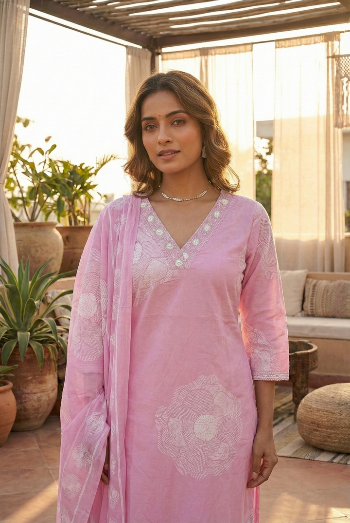Neerus Pink cotton printed kurta set - back view