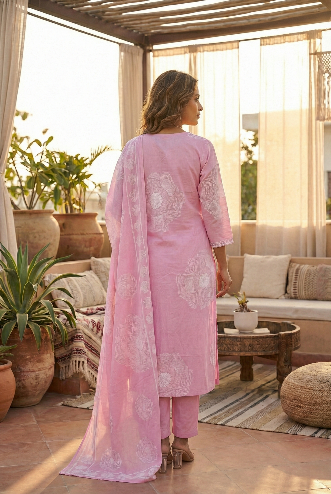 Neerus Pink cotton printed kurta set - side view