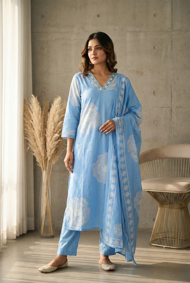 Neerus Blue cotton printed kurta set - front view