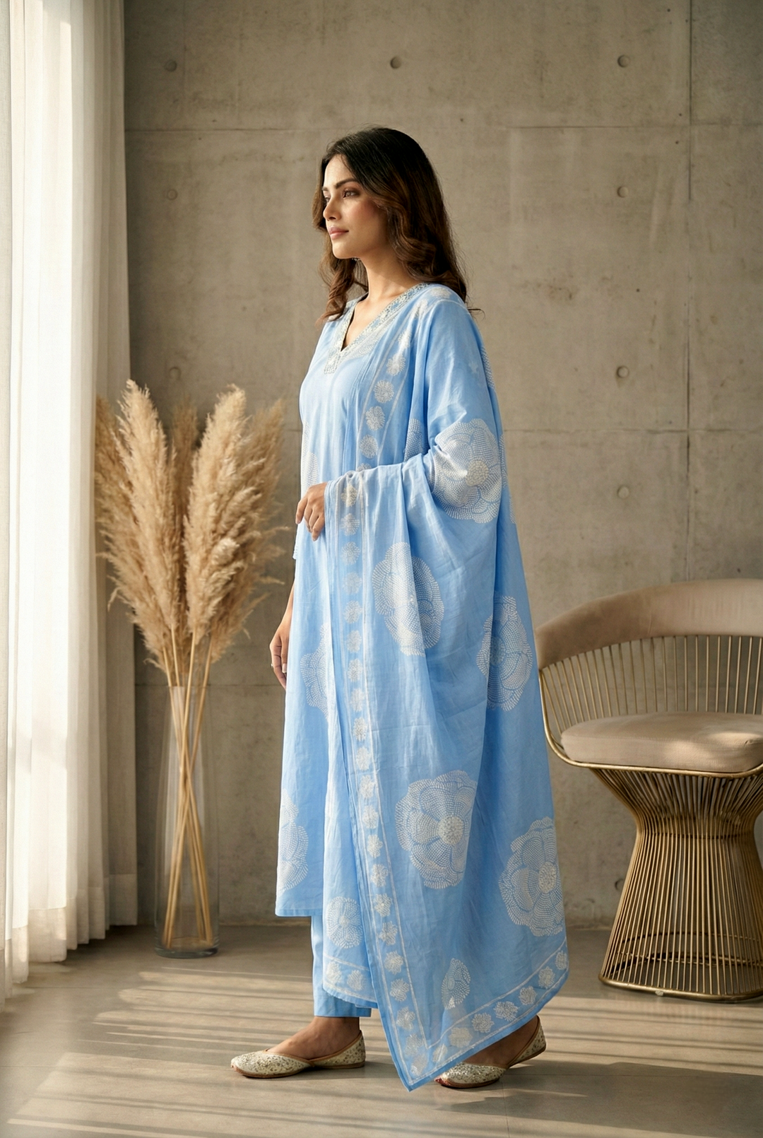 Neerus Blue cotton printed kurta set - back view