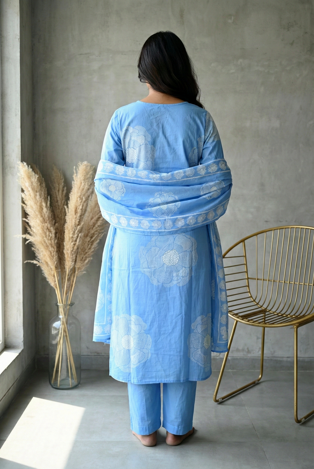 Neerus Blue cotton printed kurta set - side view