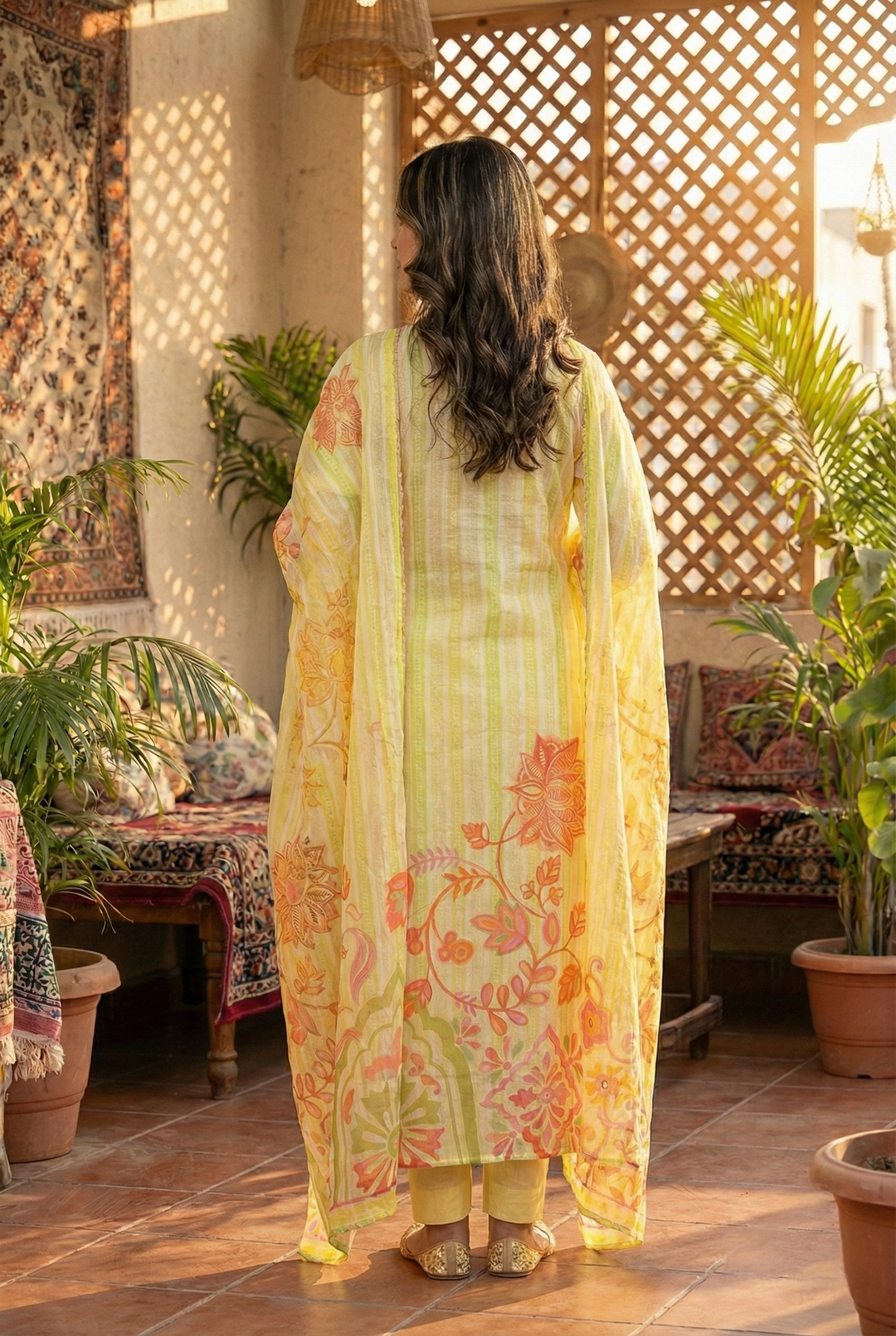 Neerus Green cotton hand embroidered kurta set - back view