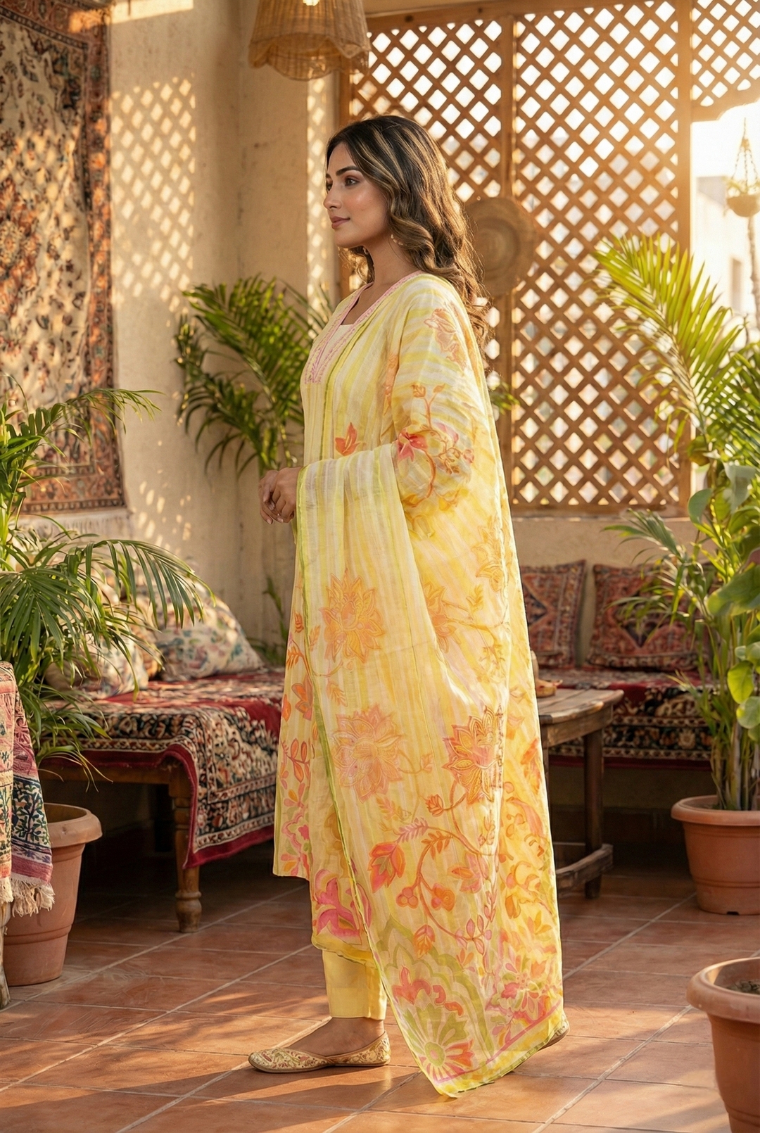 Neerus Green cotton hand embroidered kurta set - side view