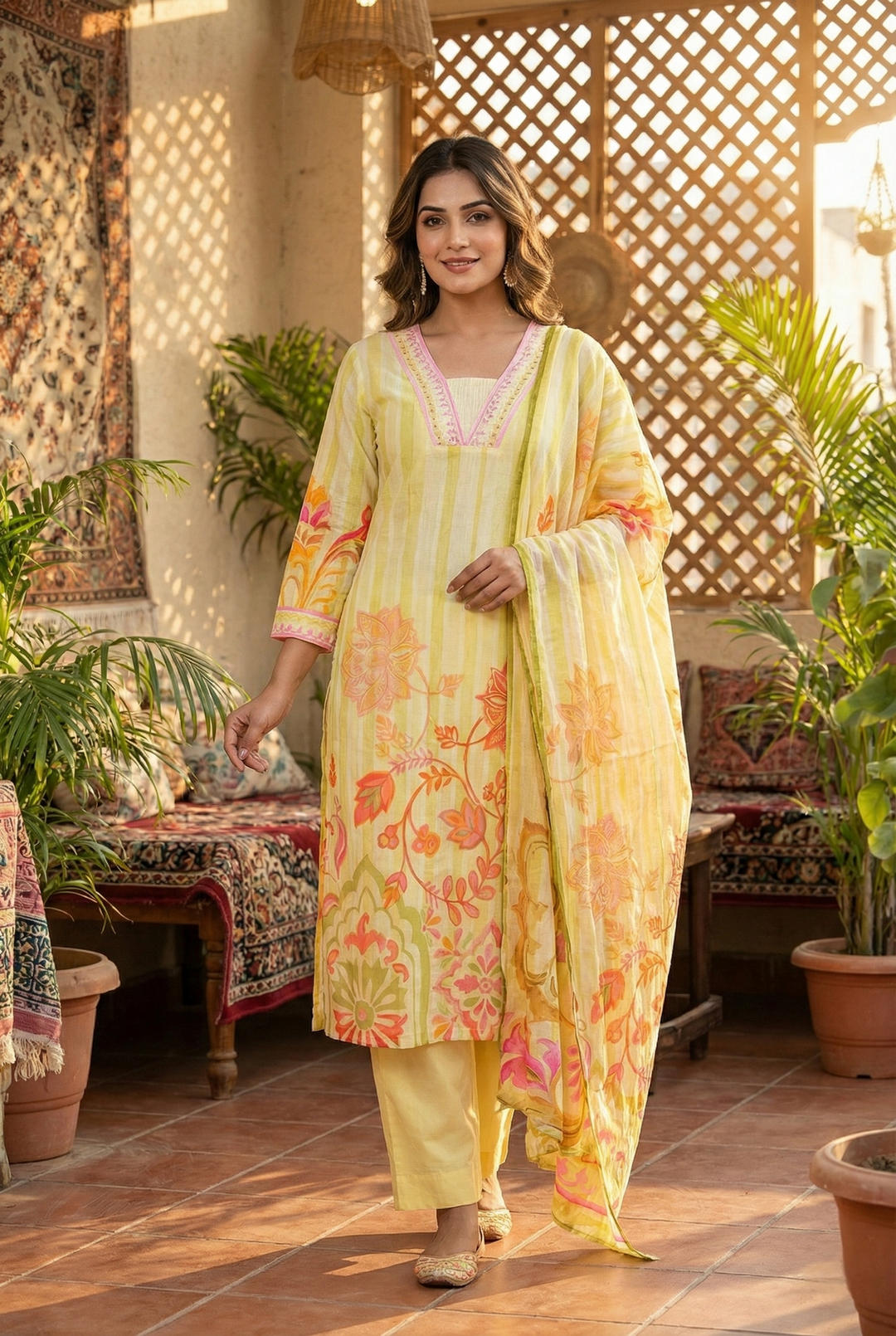 Neerus Green cotton hand embroidered kurta set - front view