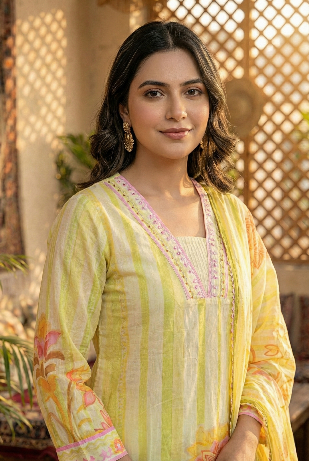 Neerus Green cotton hand embroidered kurta set - detail view 2